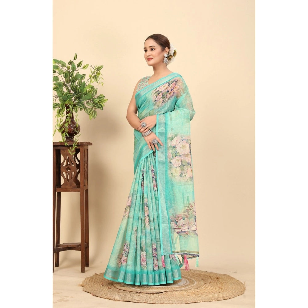 Women'S Cotton Silk Floral Printed Saree With Unstitched Blous