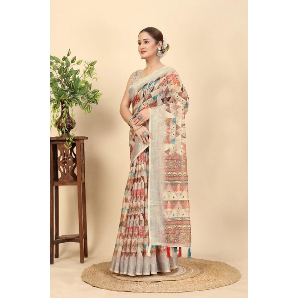Women'S Cotton Silk Printed Saree With Unstitched Blouse 5.5Mt
