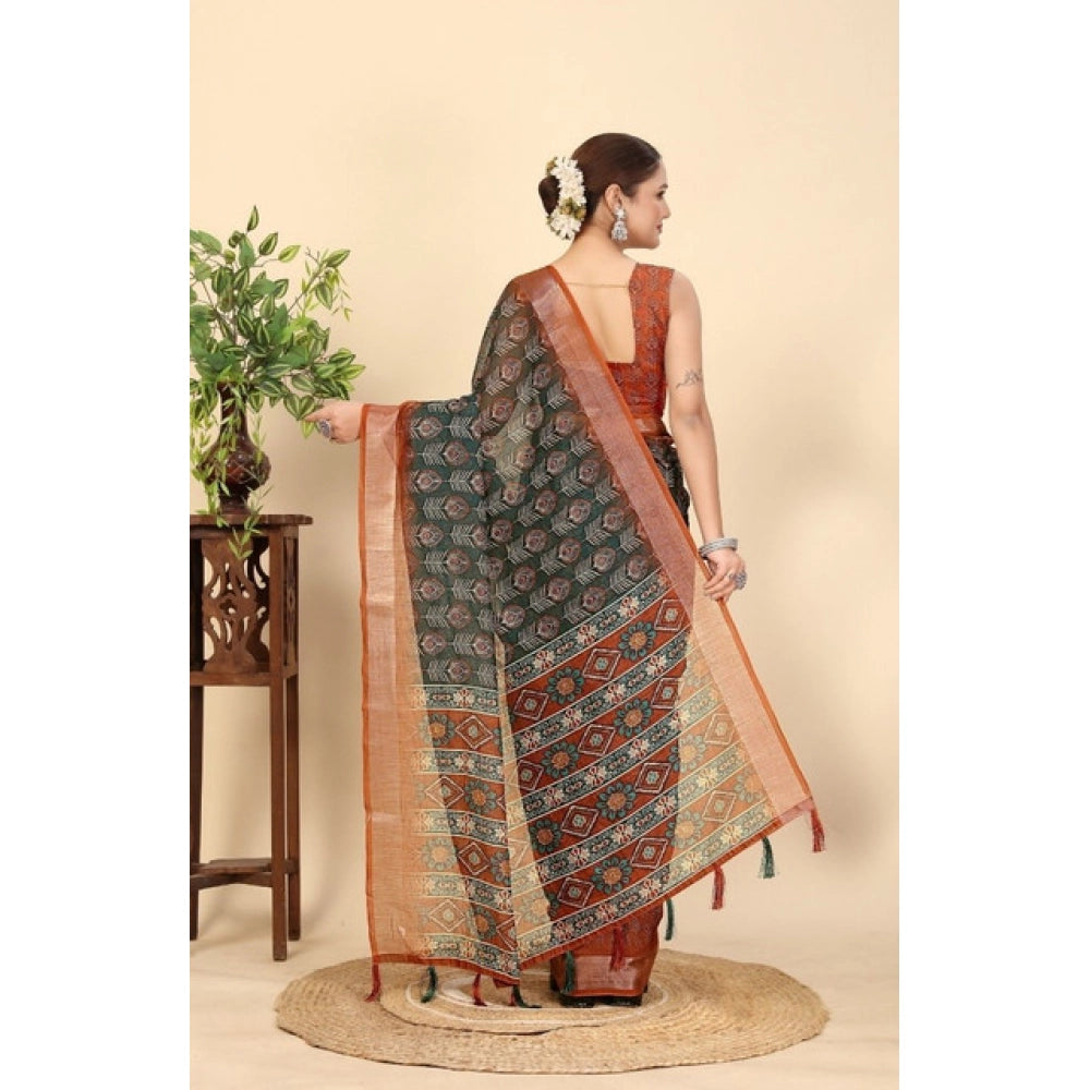 Women'S Cotton Silk Printed Saree With Unstitched Blouse 5.5Mt