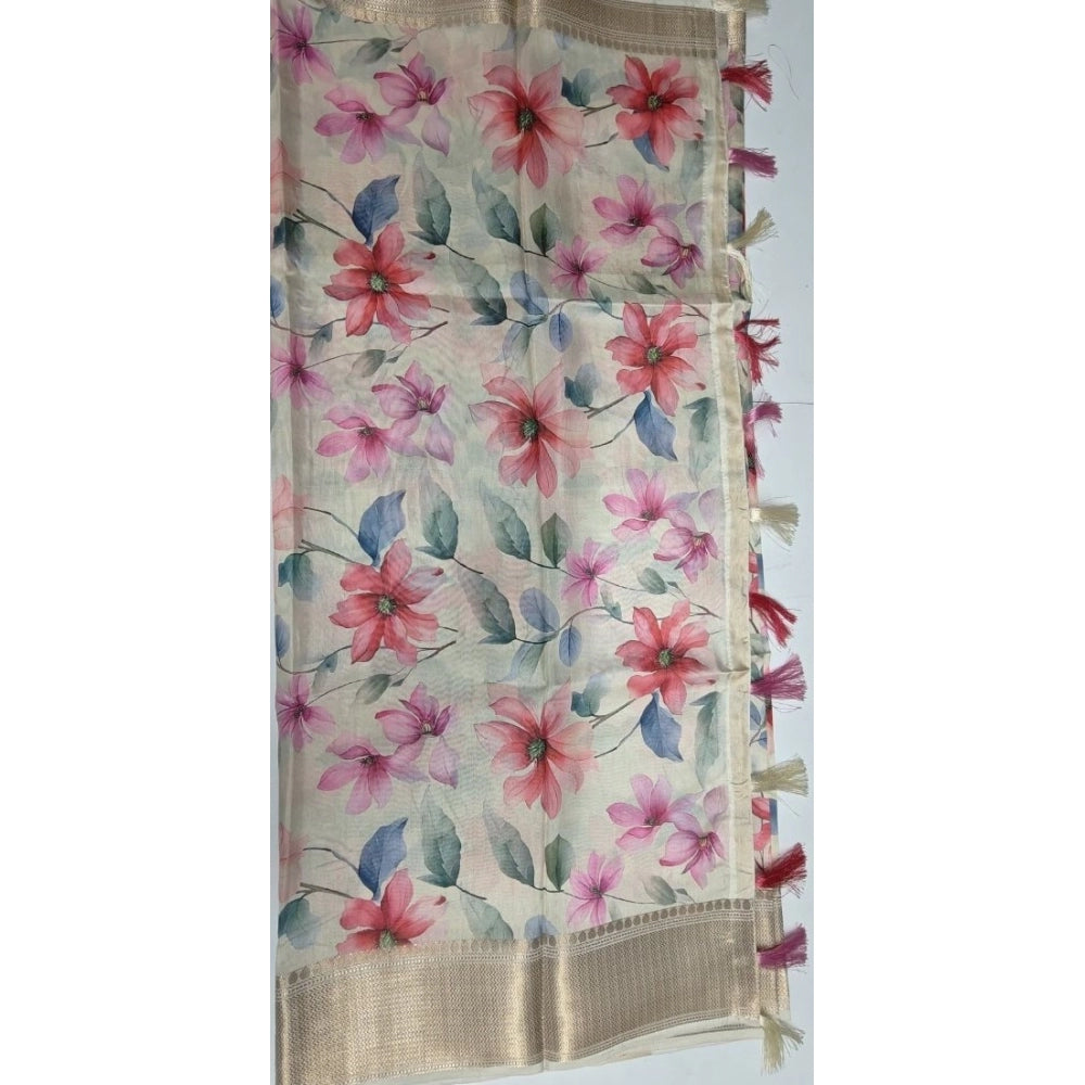 Women'S Cotton Silk Floral Printed Saree With Unstitched Blous