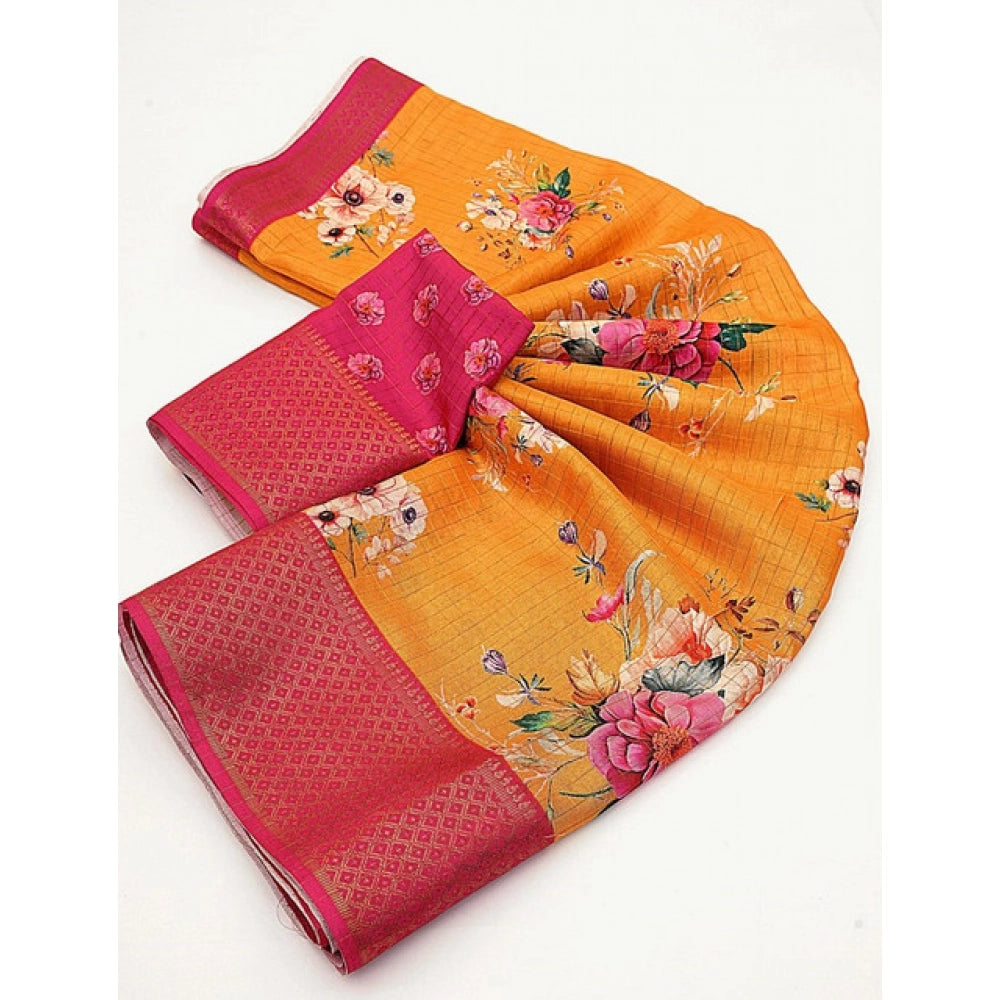 Women'S Cotton Blend Floral Printed Saree With Unstitched Blou