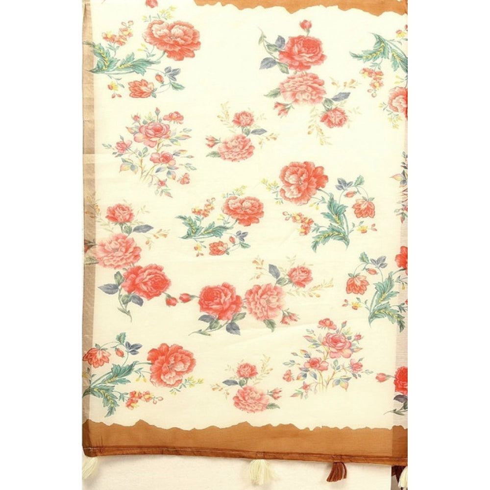 Women'S Cotton Silk Floral Printed Saree With Unstitched Blous