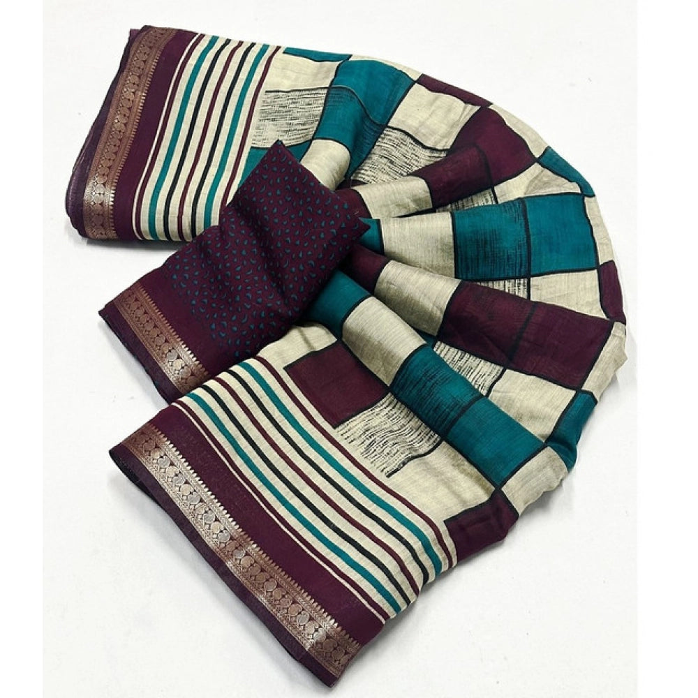 Women'S Dupion Silk Block Printed Saree With Unstitched Blouse