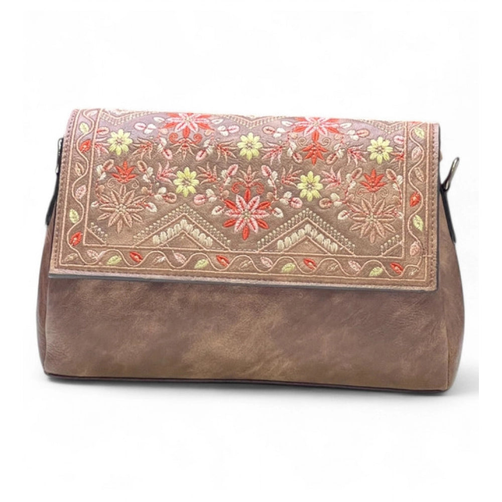 Women's Polyurethane Floral Embroidered Crossbody Sling Bag with Adjustable & Removable Strap (Brown)