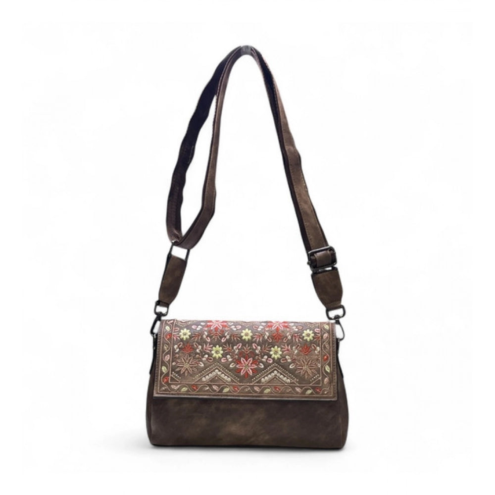 Women's Polyurethane Floral Embroidered Crossbody Sling Bag with Adjustable & Removable Strap (Brown)