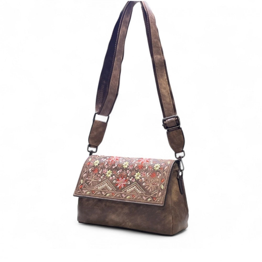 Women's Polyurethane Floral Embroidered Crossbody Sling Bag with Adjustable & Removable Strap (Brown)