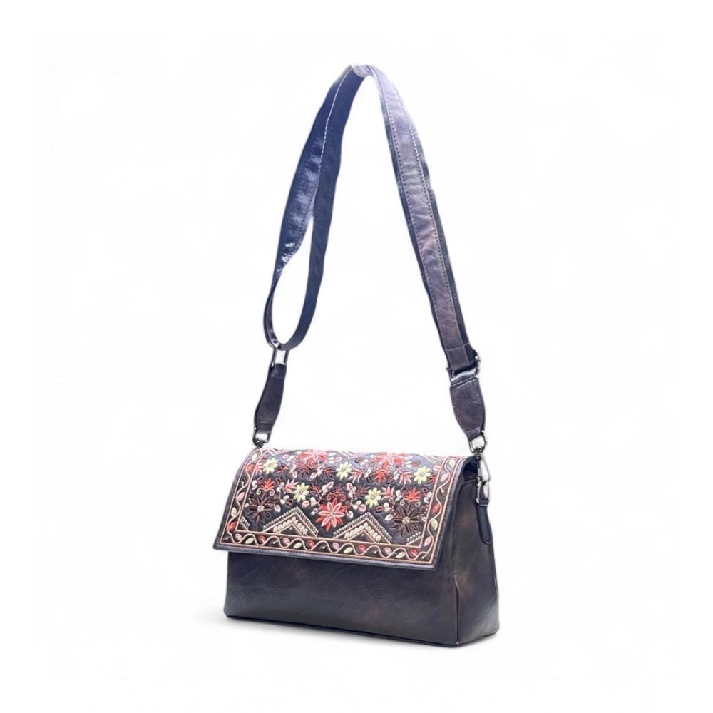 Women's Polyurethane Floral Embroidered Crossbody Sling Bag with Adjustable & Removable Strap (Coffee)