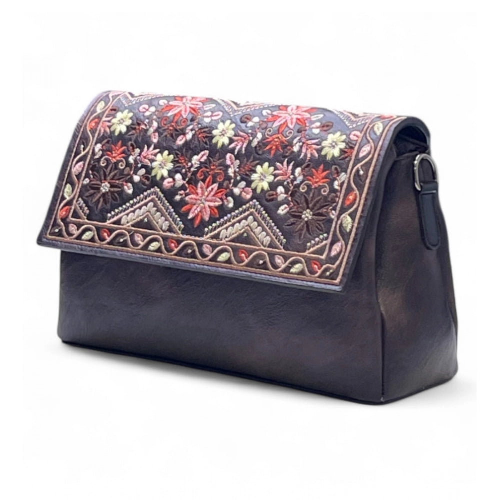 Women's Polyurethane Floral Embroidered Crossbody Sling Bag with Adjustable & Removable Strap (Coffee)