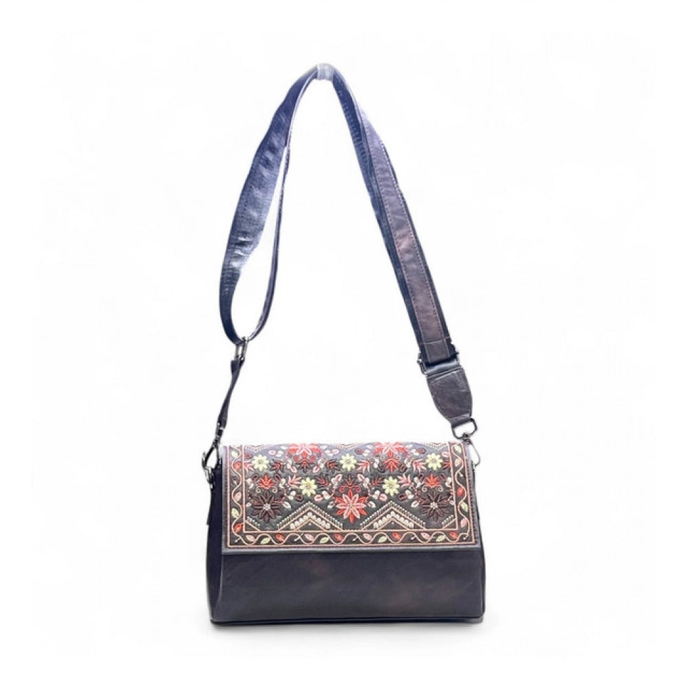 Women's Polyurethane Floral Embroidered Crossbody Sling Bag with Adjustable & Removable Strap (Coffee)