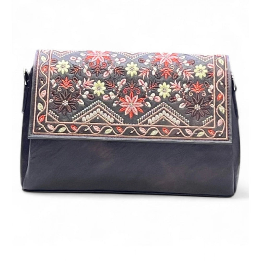 Women's Polyurethane Floral Embroidered Crossbody Sling Bag with Adjustable & Removable Strap (Coffee)