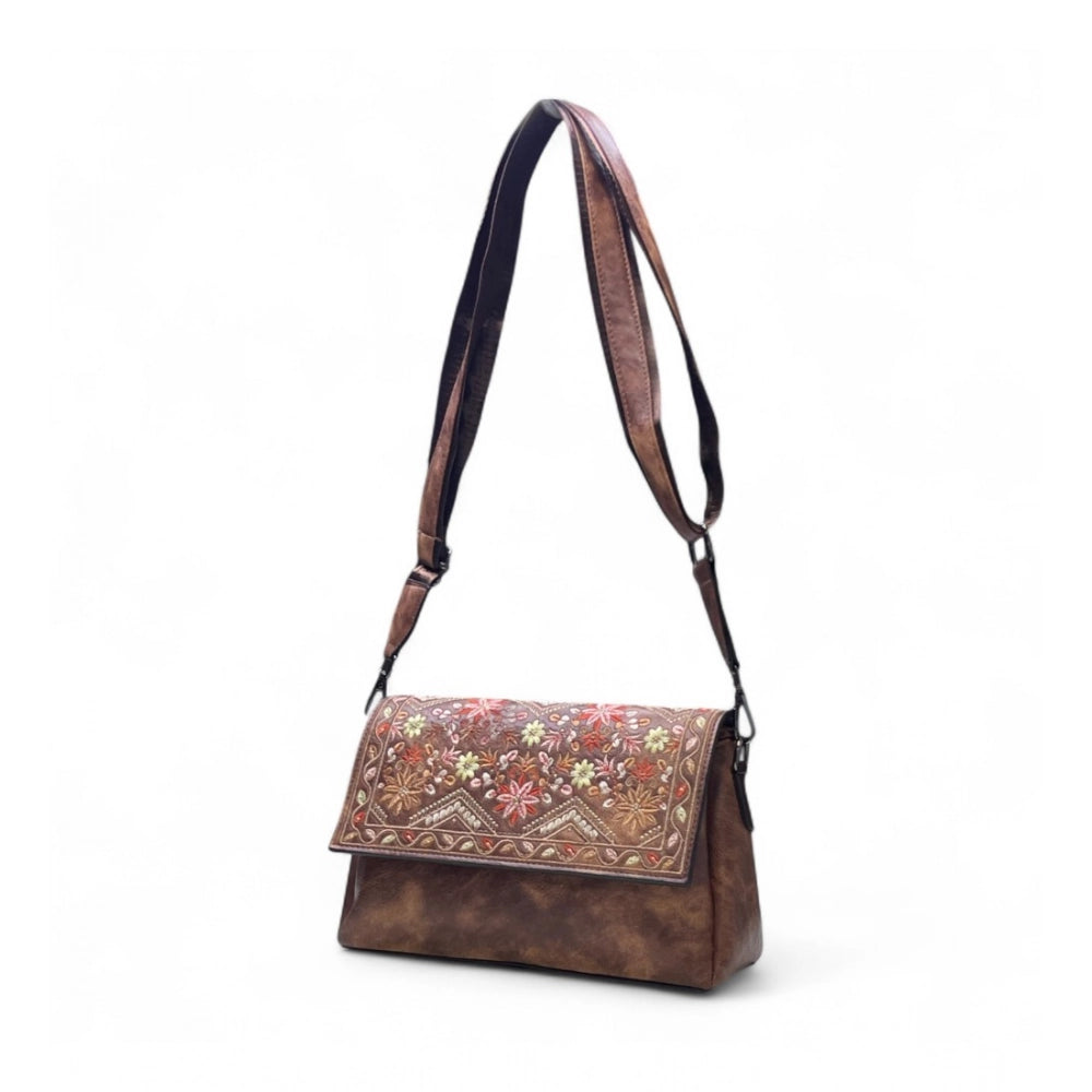 Women's Polyurethane Floral Embroidered Crossbody Sling Bag with Adjustable & Removable Strap (Dark Brown)