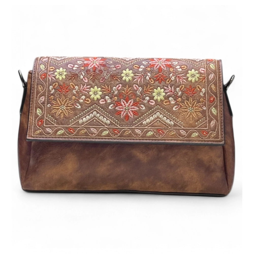 Women's Polyurethane Floral Embroidered Crossbody Sling Bag with Adjustable & Removable Strap (Dark Brown)