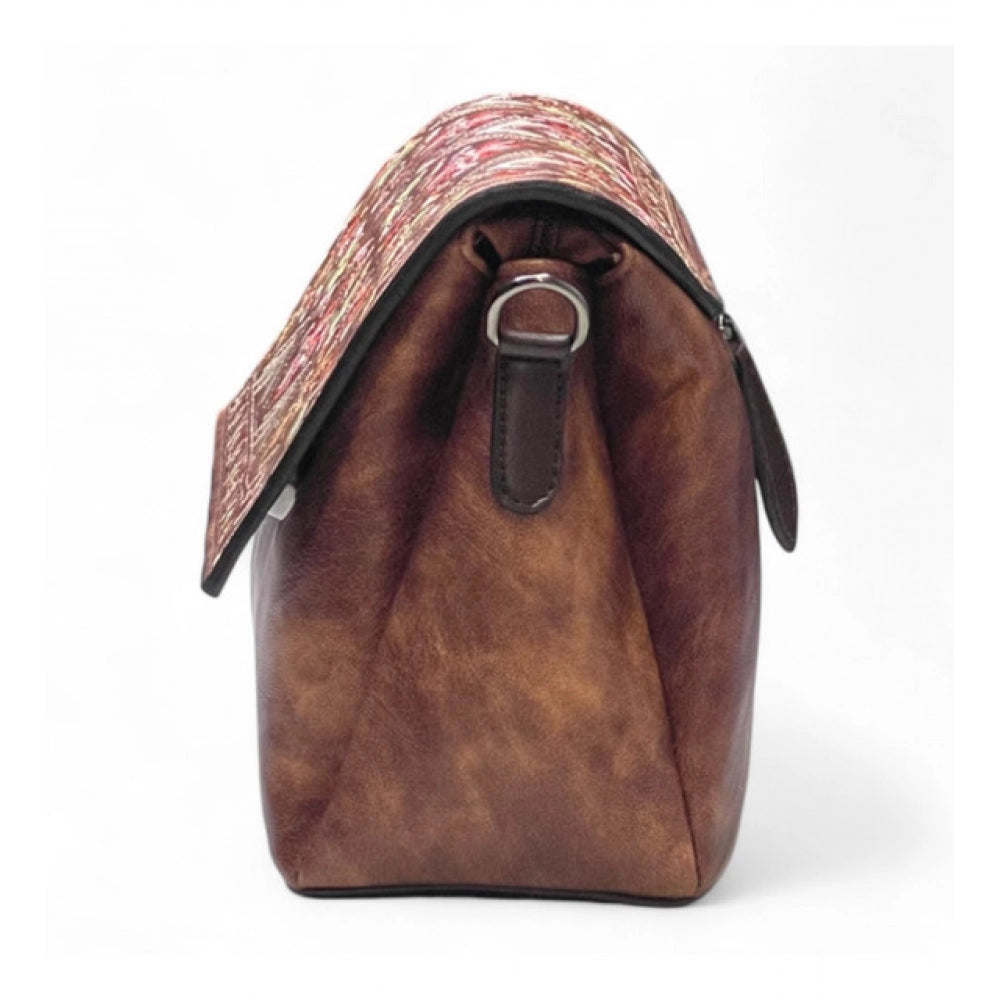 Women's Polyurethane Floral Embroidered Crossbody Sling Bag with Adjustable & Removable Strap (Dark Brown)