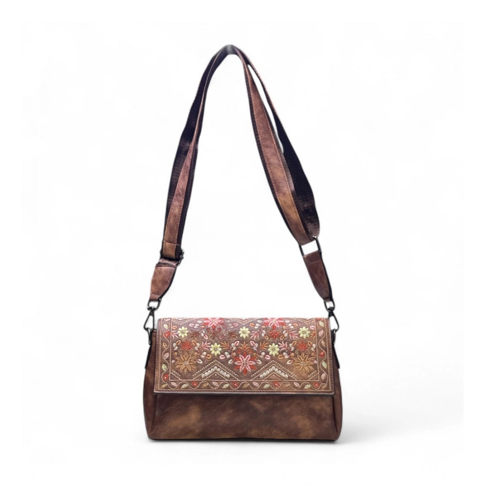 Women's Polyurethane Floral Embroidered Crossbody Sling Bag with Adjustable & Removable Strap (Dark Brown)