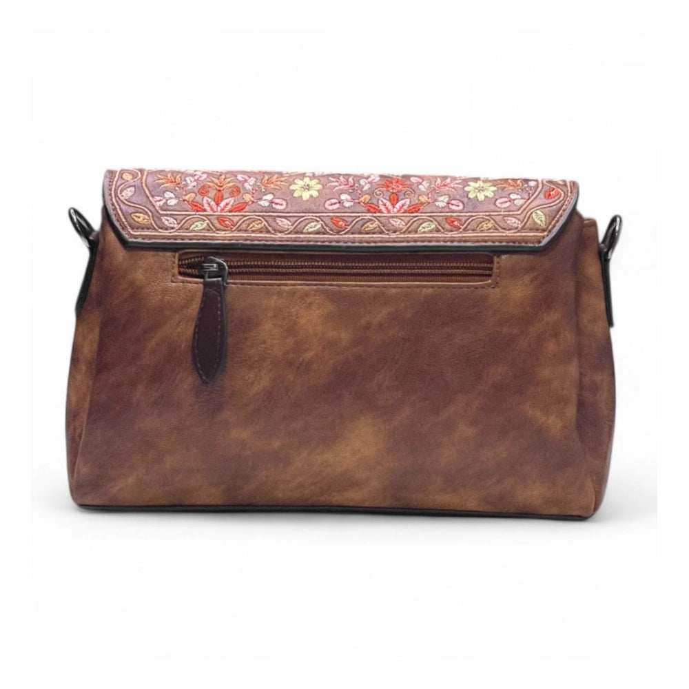 Women's Polyurethane Floral Embroidered Crossbody Sling Bag with Adjustable & Removable Strap (Dark Brown)