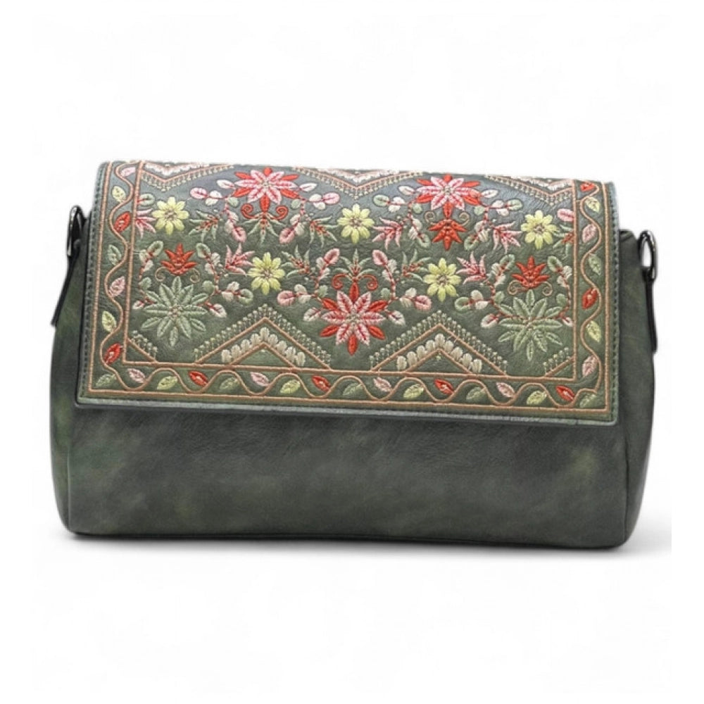 Women's Polyurethane Floral Embroidered Crossbody Sling Bag with Adjustable & Removable Strap (Green)