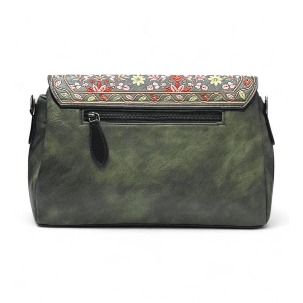 Women's Polyurethane Floral Embroidered Crossbody Sling Bag with Adjustable & Removable Strap (Green)