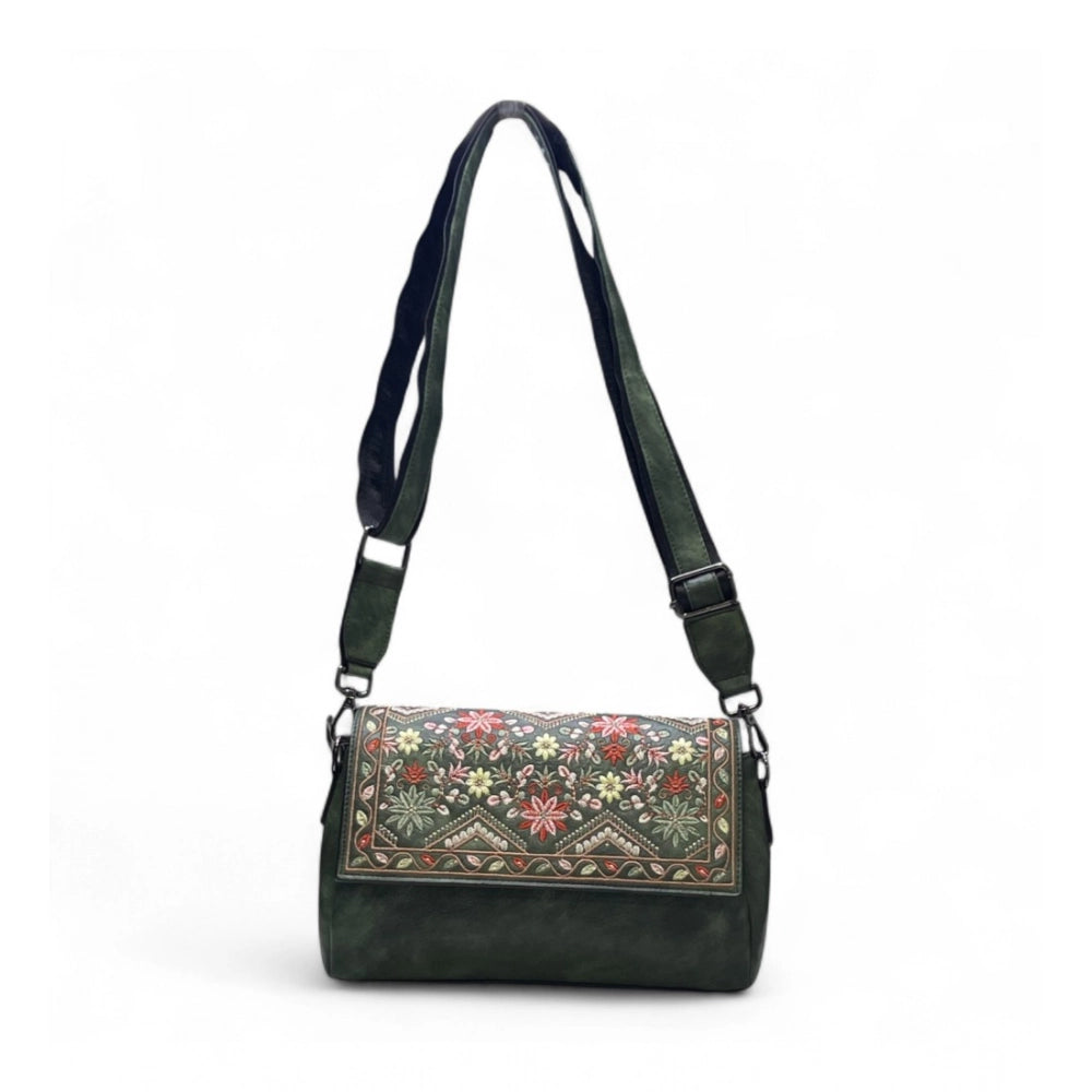 Women's Polyurethane Floral Embroidered Crossbody Sling Bag with Adjustable & Removable Strap (Green)