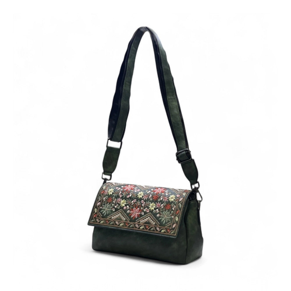 Women's Polyurethane Floral Embroidered Crossbody Sling Bag with Adjustable & Removable Strap (Green)