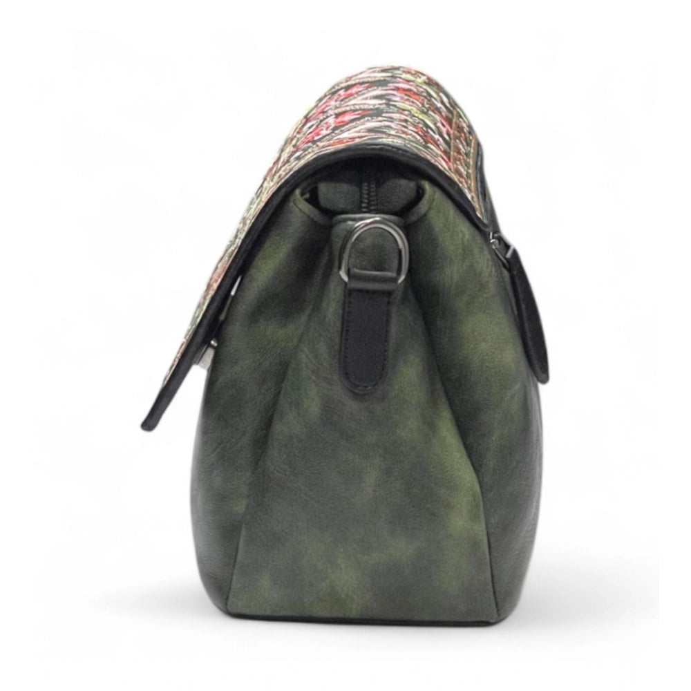 Women's Polyurethane Floral Embroidered Crossbody Sling Bag with Adjustable & Removable Strap (Green)