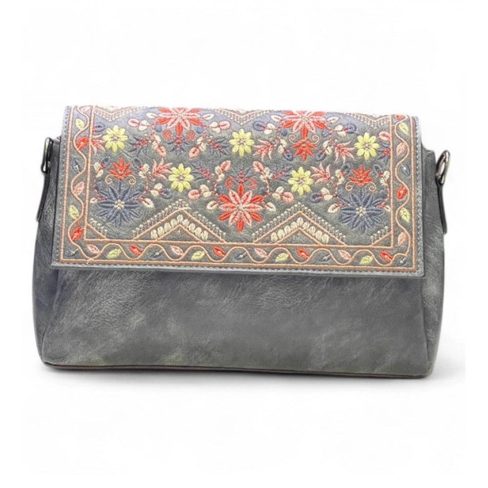 Women's Polyurethane Floral Embroidered Crossbody Sling Bag with Adjustable & Removable Strap (Grey)