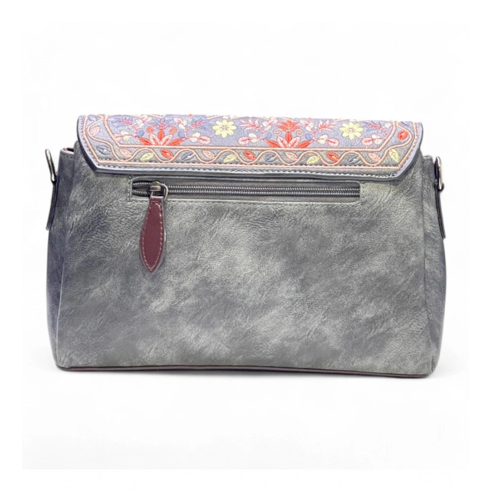 Women's Polyurethane Floral Embroidered Crossbody Sling Bag with Adjustable & Removable Strap (Grey)