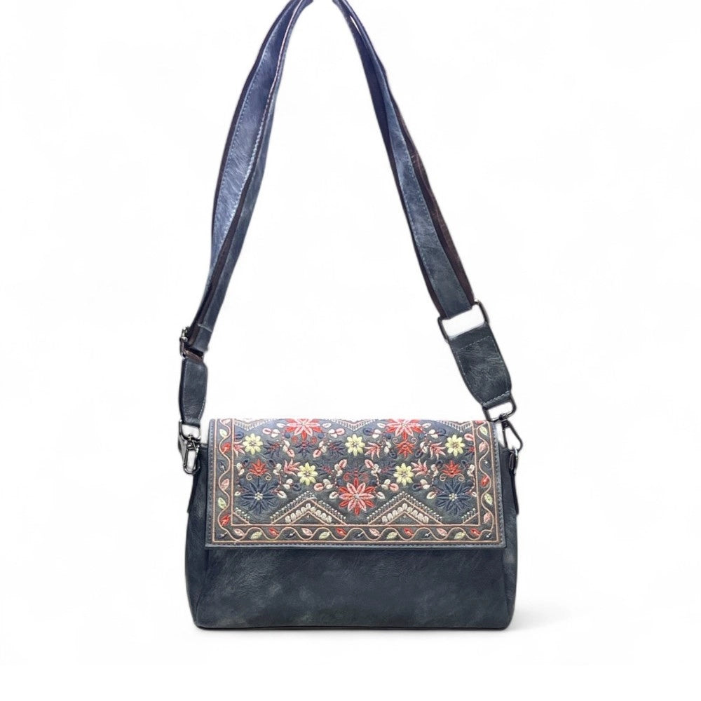 Women's Polyurethane Floral Embroidered Crossbody Sling Bag with Adjustable & Removable Strap (Grey)