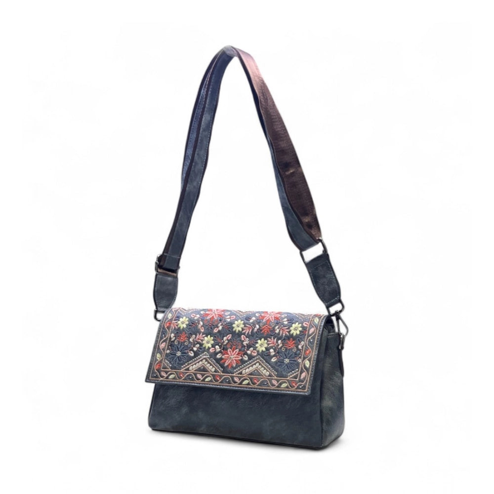 Women's Polyurethane Floral Embroidered Crossbody Sling Bag with Adjustable & Removable Strap (Grey)