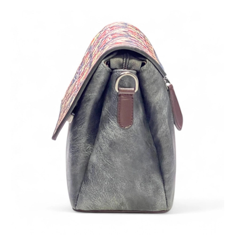 Women's Polyurethane Floral Embroidered Crossbody Sling Bag with Adjustable & Removable Strap (Grey)