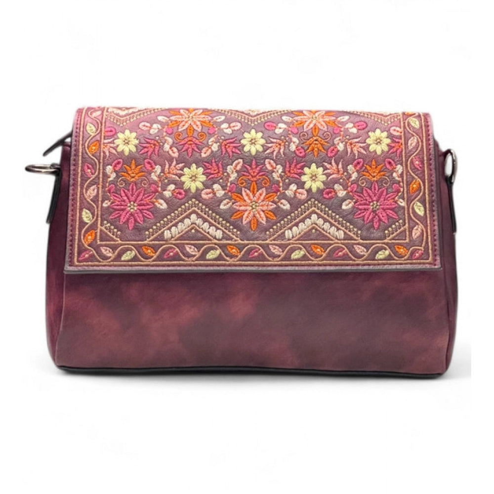 Women's Polyurethane Floral Embroidered Crossbody Sling Bag with Adjustable & Removable Strap (Red)