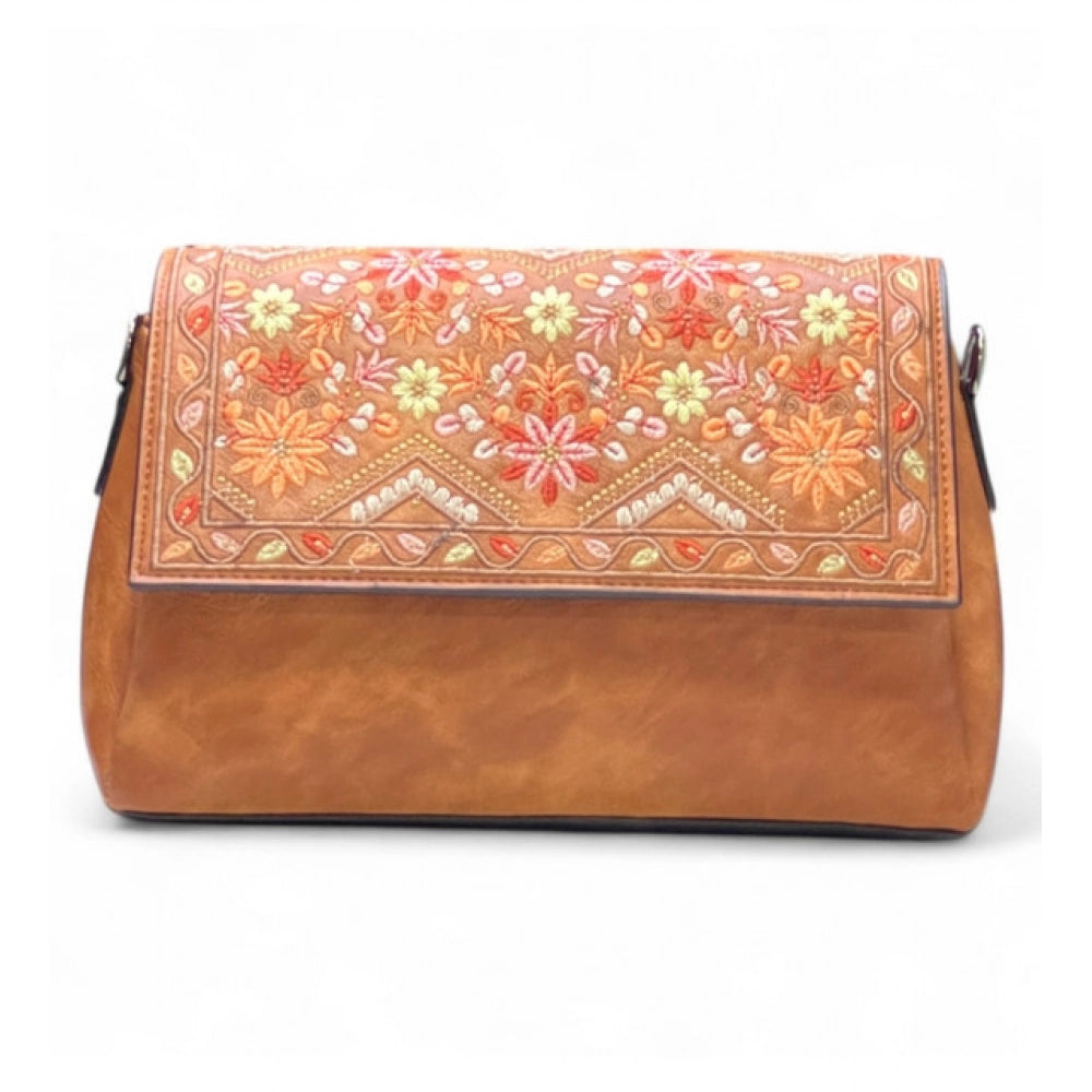 Women's Polyurethane Floral Embroidered Crossbody Sling Bag with Adjustable & Removable Strap (Tan)
