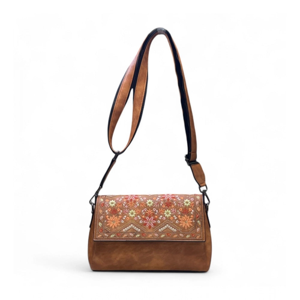 Women's Polyurethane Floral Embroidered Crossbody Sling Bag with Adjustable & Removable Strap (Tan)