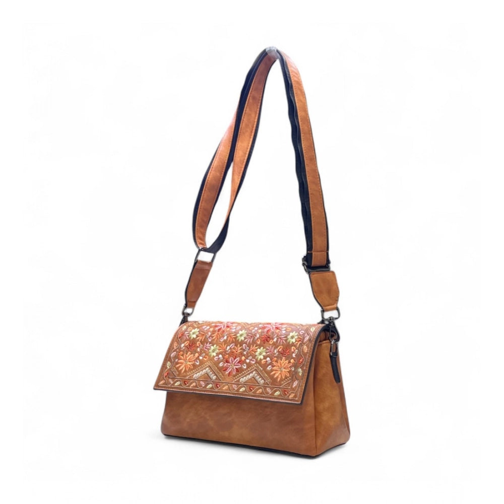 Women's Polyurethane Floral Embroidered Crossbody Sling Bag with Adjustable & Removable Strap (Tan)