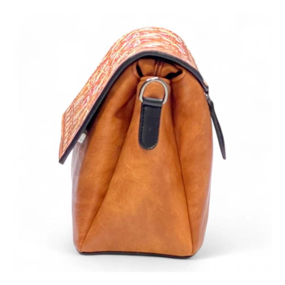Women's Polyurethane Floral Embroidered Crossbody Sling Bag with Adjustable & Removable Strap (Tan)