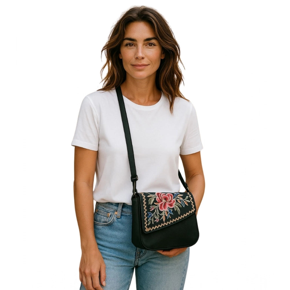 Women's Polyurethane Floral Embroidered Crossbody Sling Bag with Adjustable & Removable Strap (Black)