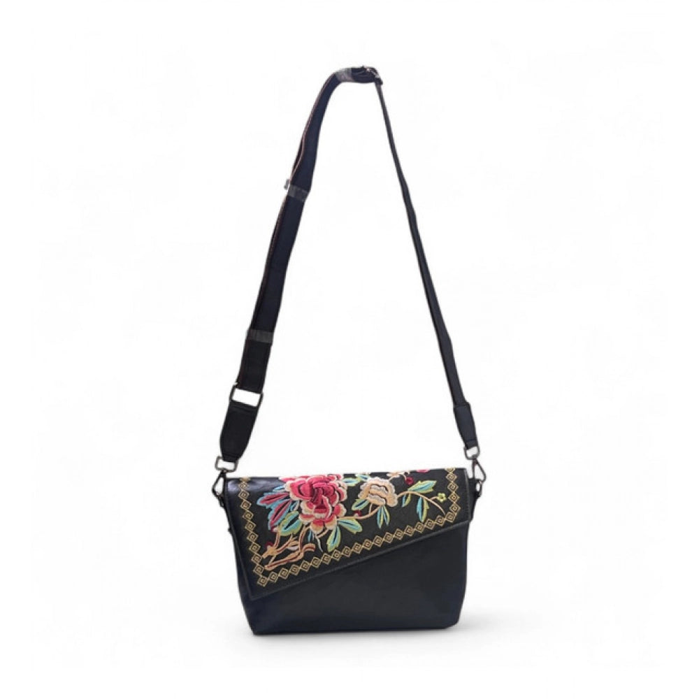 Women's Polyurethane Floral Embroidered Crossbody Sling Bag with Adjustable & Removable Strap (Black)