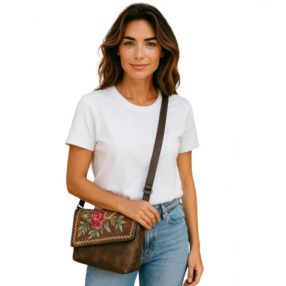 Women's Polyurethane Floral Embroidered Crossbody Sling Bag with Adjustable & Removable Strap (Brown)