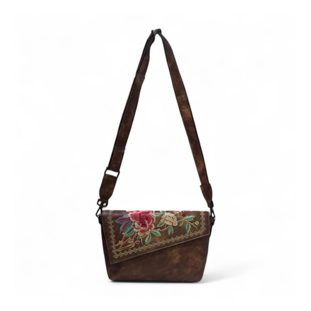 Women's Polyurethane Floral Embroidered Crossbody Sling Bag with Adjustable & Removable Strap (Brown)