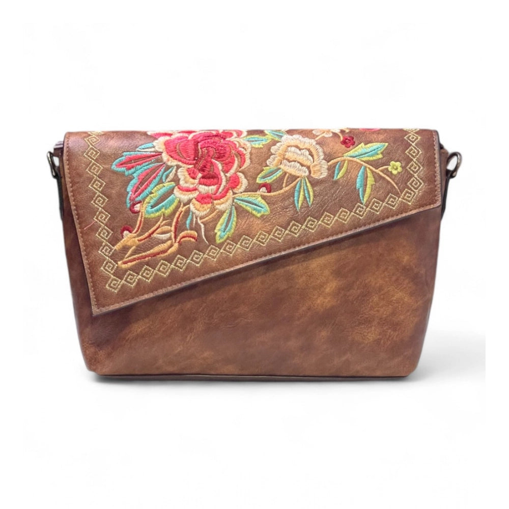 Women's Polyurethane Floral Embroidered Crossbody Sling Bag with Adjustable & Removable Strap (Brown)