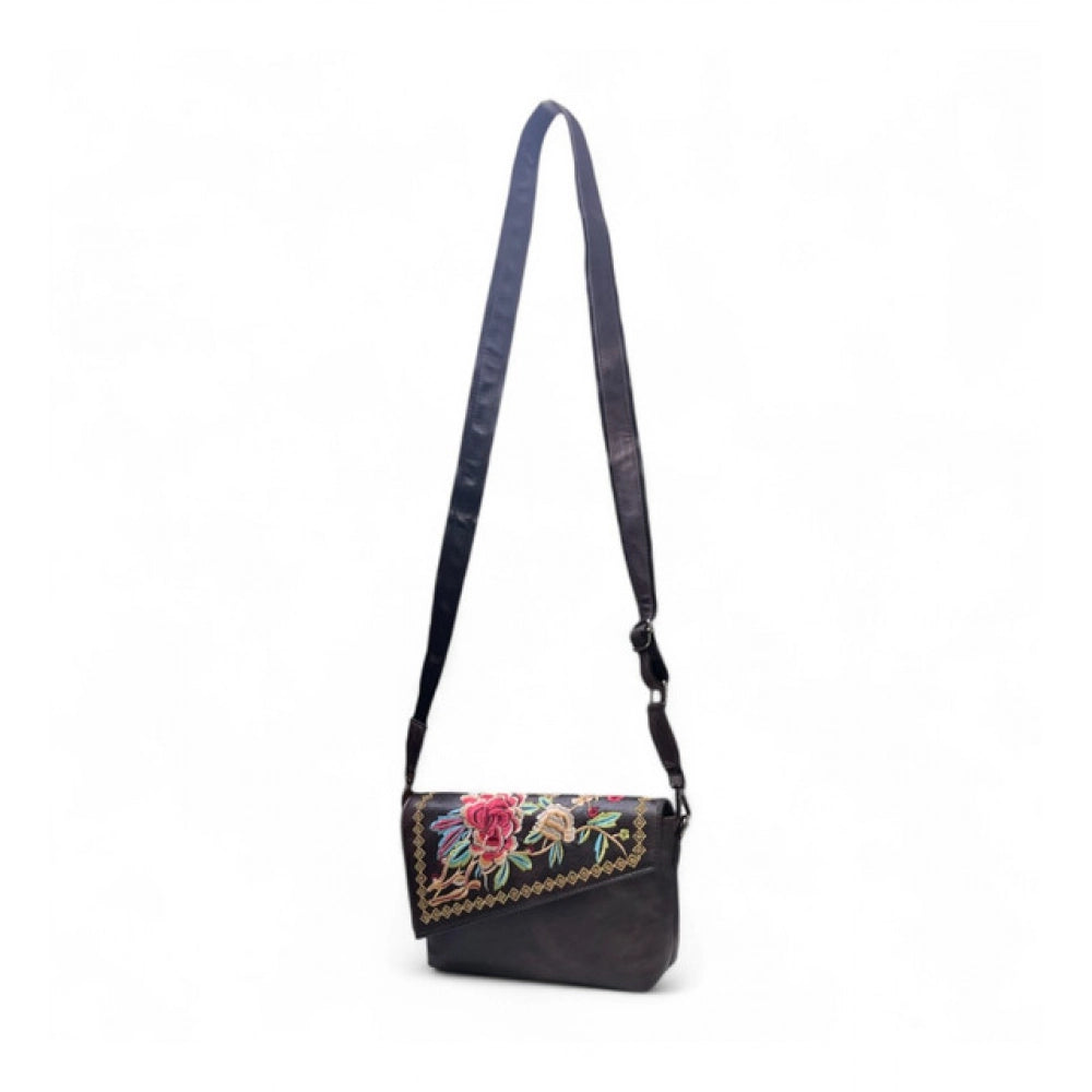 Women's Polyurethane Floral Embroidered Crossbody Sling Bag with Adjustable & Removable Strap (Coffee)