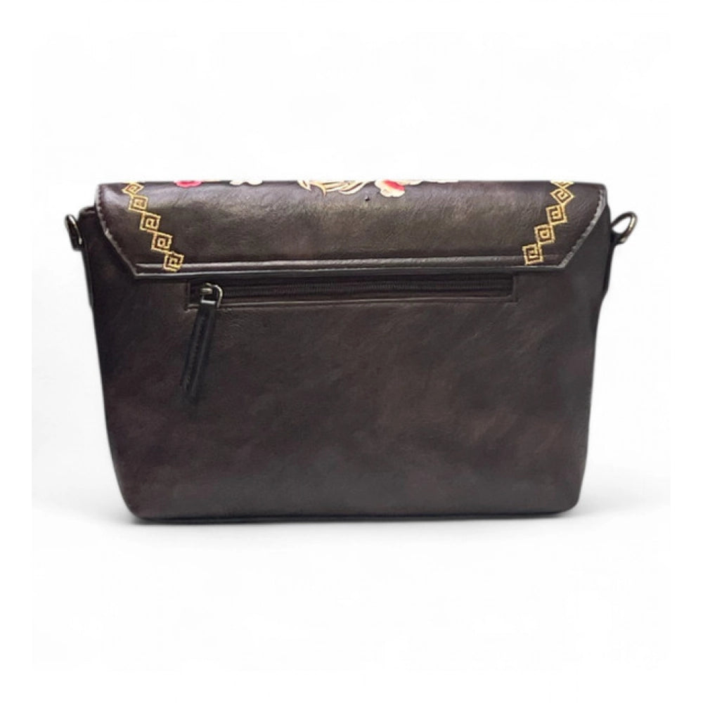 Women's Polyurethane Floral Embroidered Crossbody Sling Bag with Adjustable & Removable Strap (Coffee)