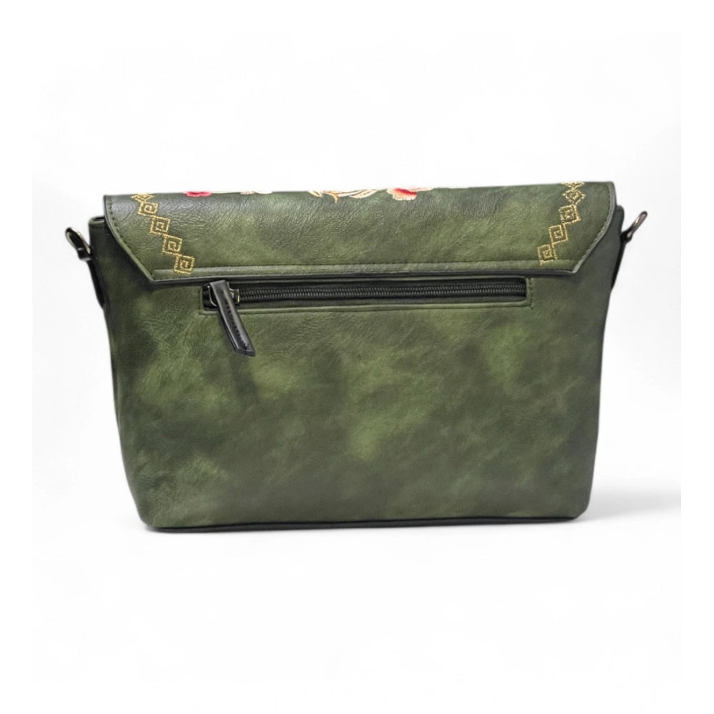 Women's Polyurethane Floral Embroidered Crossbody Sling Bag with Adjustable & Removable Strap (Green)