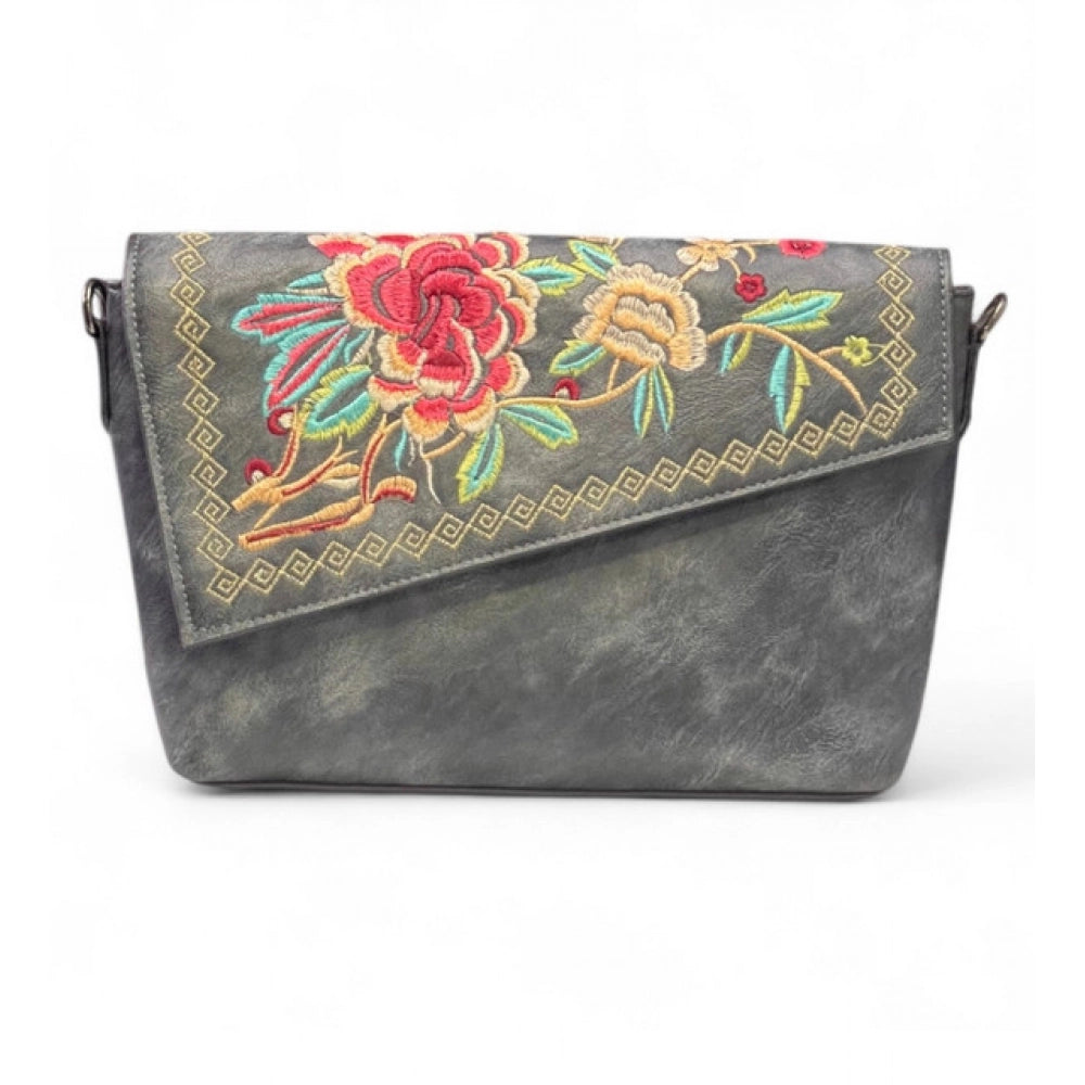 Women's Polyurethane Floral Embroidered Crossbody Sling Bag with Adjustable & Removable Strap (Grey)