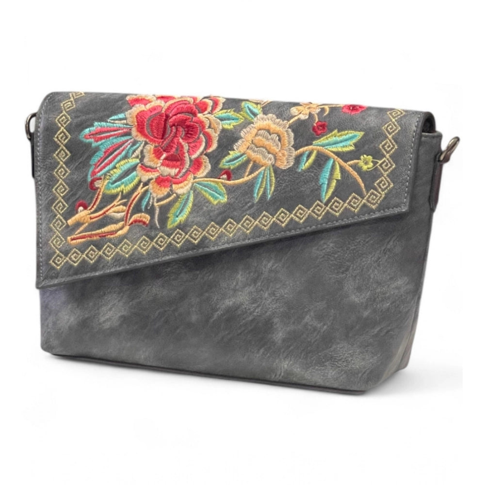 Women's Polyurethane Floral Embroidered Crossbody Sling Bag with Adjustable & Removable Strap (Grey)