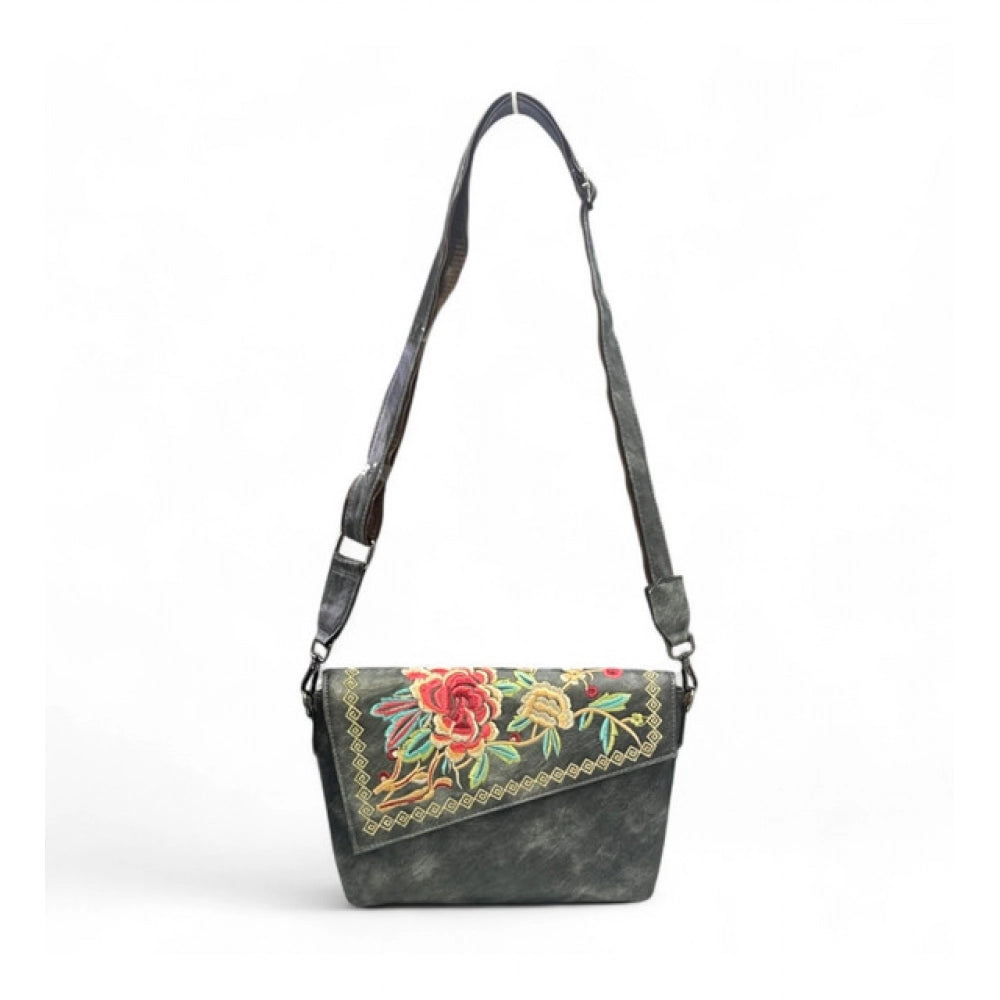 Women's Polyurethane Floral Embroidered Crossbody Sling Bag with Adjustable & Removable Strap (Grey)