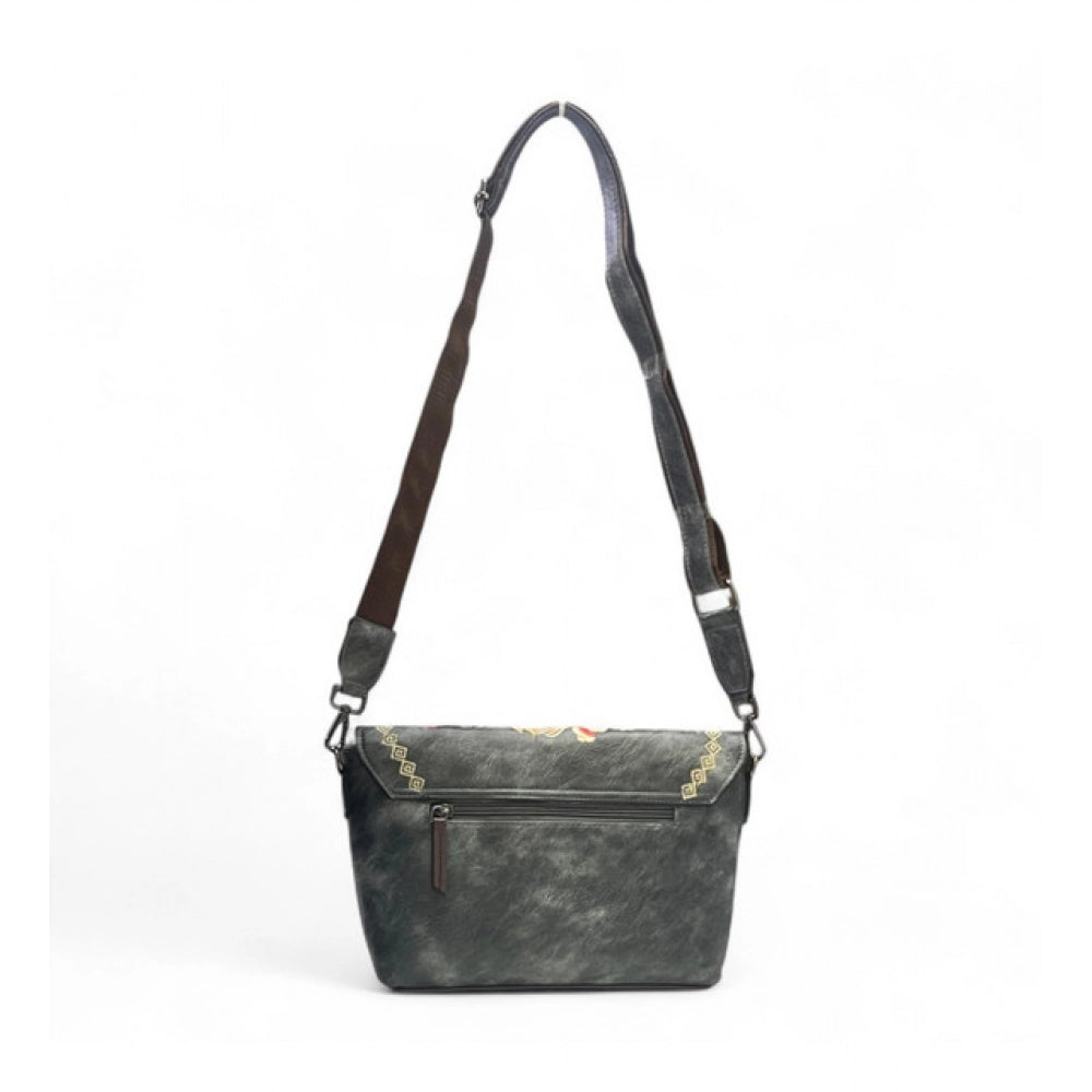 Women's Polyurethane Floral Embroidered Crossbody Sling Bag with Adjustable & Removable Strap (Grey)