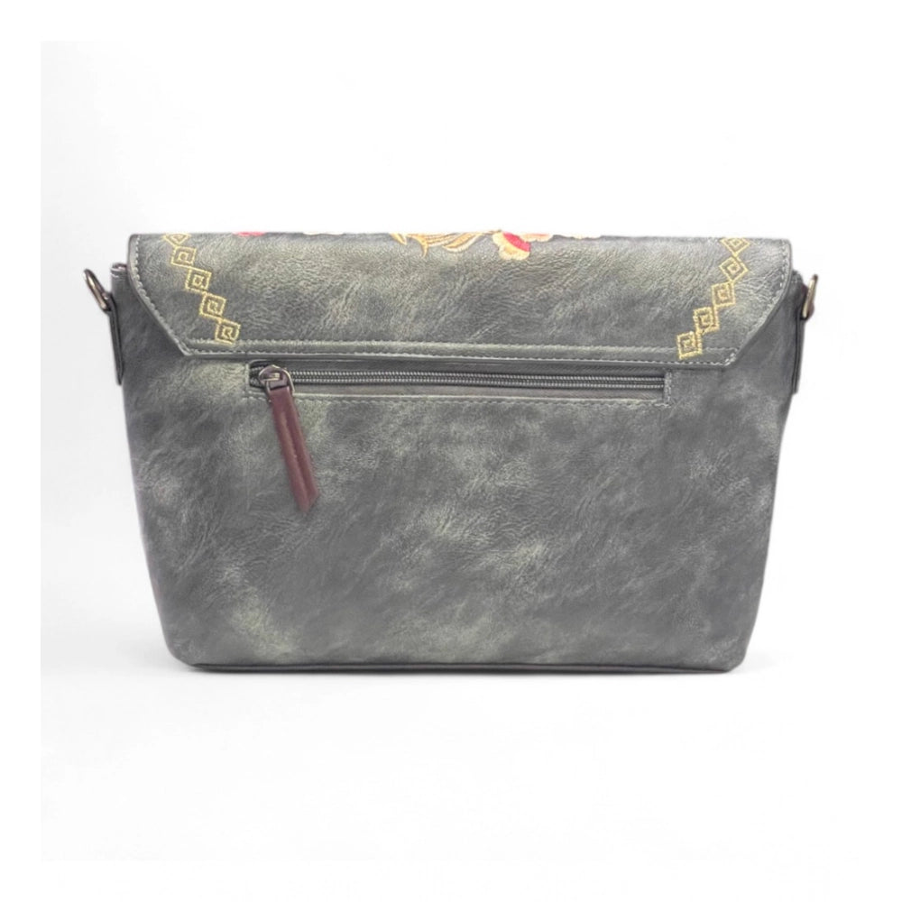 Women's Polyurethane Floral Embroidered Crossbody Sling Bag with Adjustable & Removable Strap (Grey)