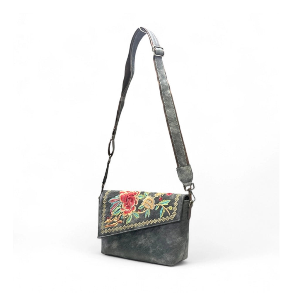 Women's Polyurethane Floral Embroidered Crossbody Sling Bag with Adjustable & Removable Strap (Grey)