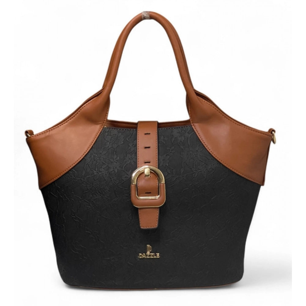 Women's Polyurethane Textured Two-Tone Tote Handbag with Adjustable & Removable Strap (Black-Tan)