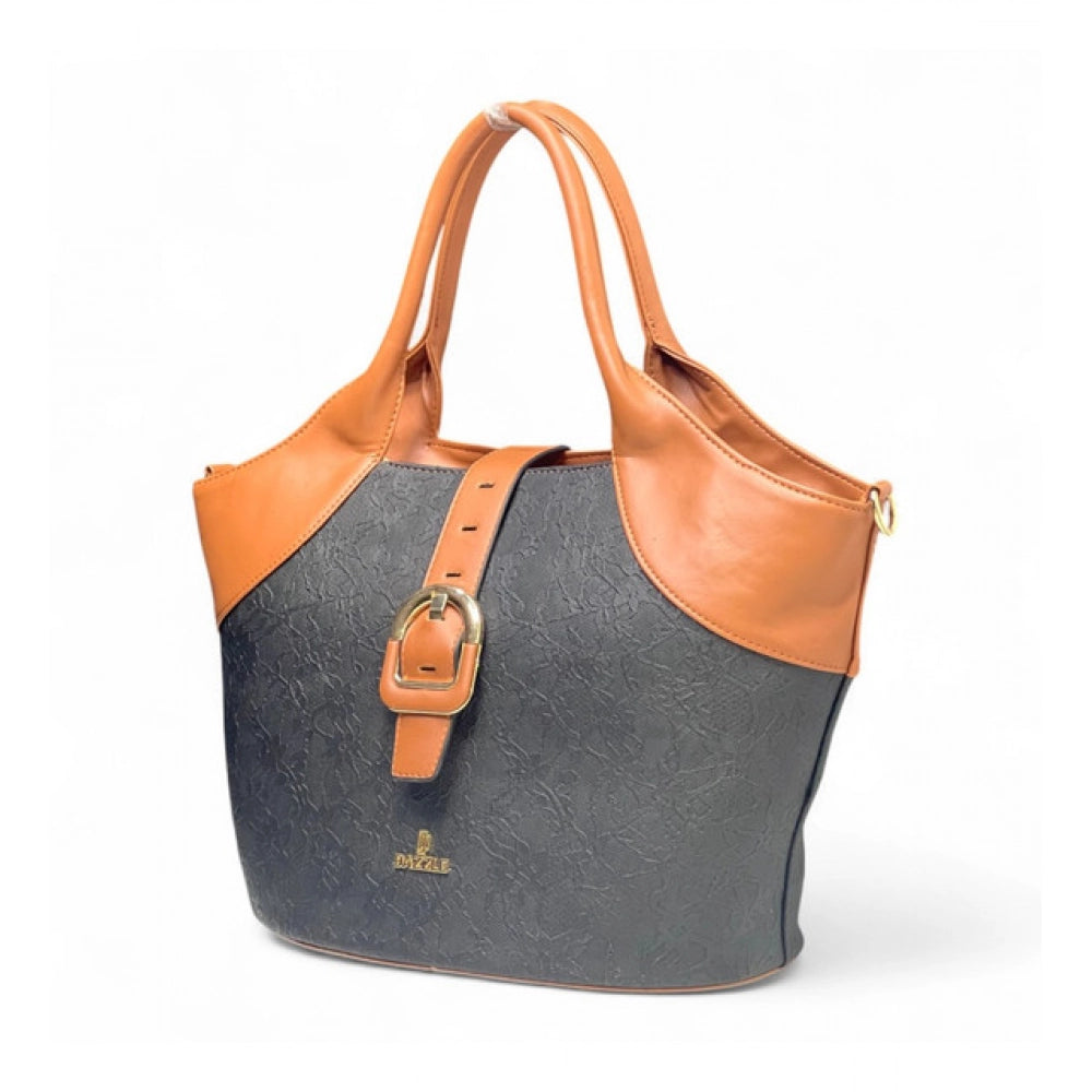 Women's Polyurethane Textured Two-Tone Tote Handbag with Adjustable & Removable Strap (Black-Tan)